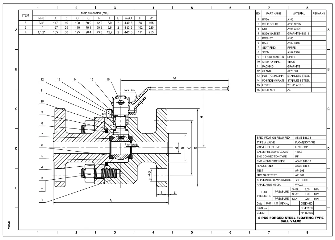 Technical Drawing for Floating Ball Valve