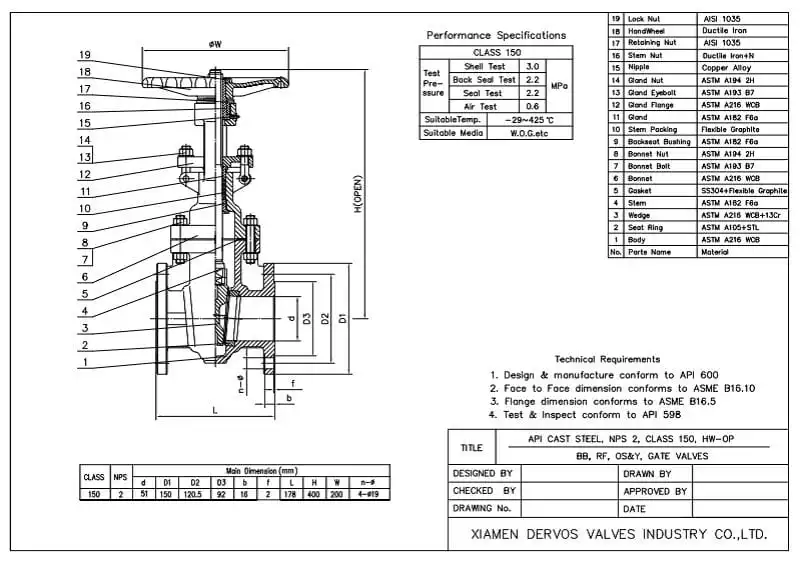 API 600 OS&Y Gate Valve, WCB, 2 Inch, Class 150, Handwheel, RF-Technical Drawing