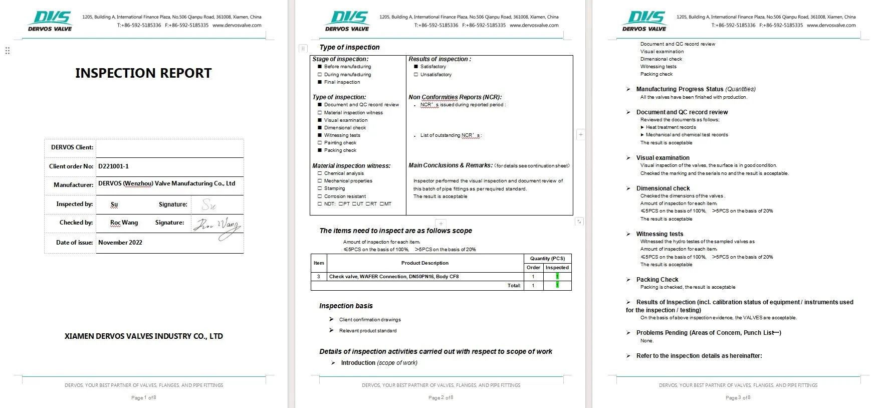 Inspection Report for Wafer Check Valve