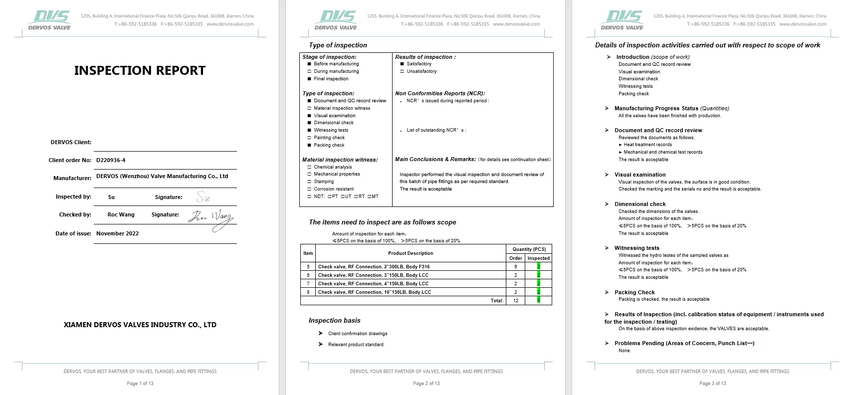 Inspection Report for Wafer Check Valve