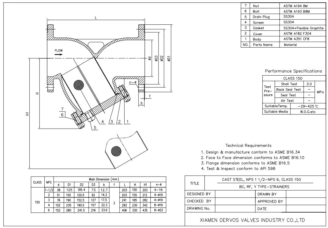 Technical Drawing for Y Strainer