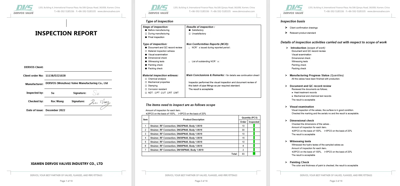 Inspection Report for Y Strainer