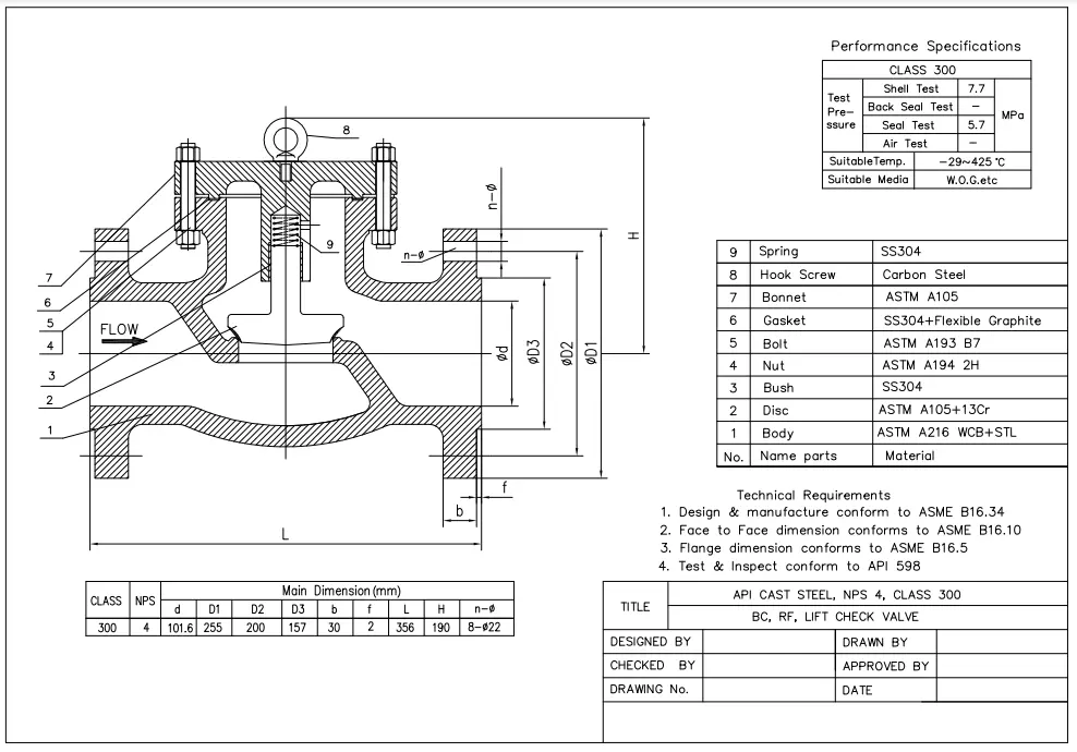 Lift Check Valve Tech Drawing