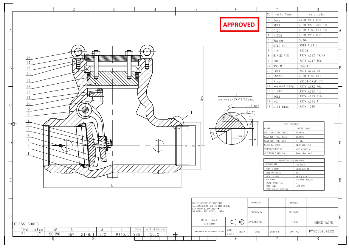 6" 600LB Swing Check Valve WC6 BW SCH 80