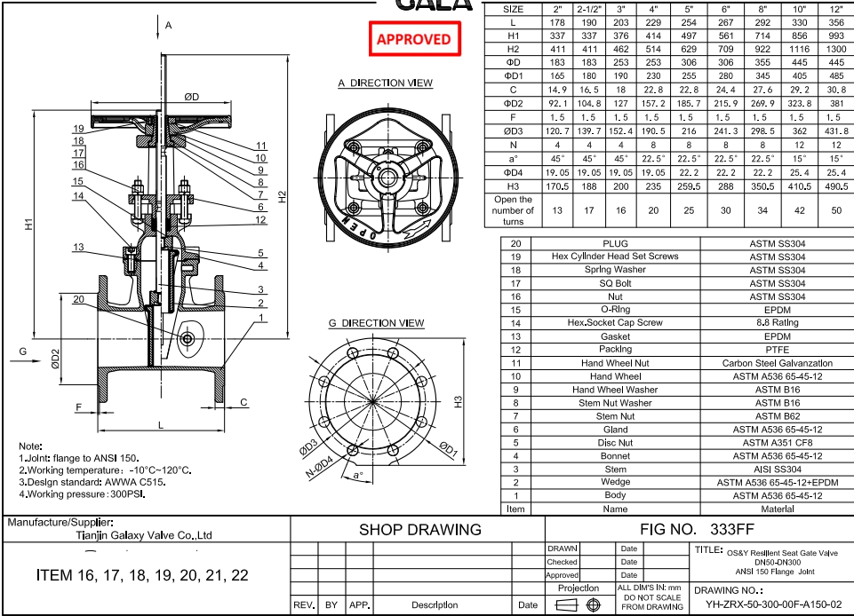 4” 150LB Gate Valve ASTM A536 Flange H.W.